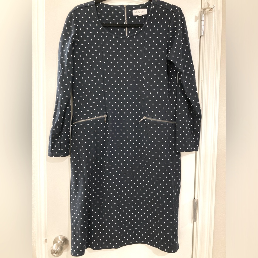 Thought Dark Blue Polka Dot Dress Size Zipper Pockets Size 14